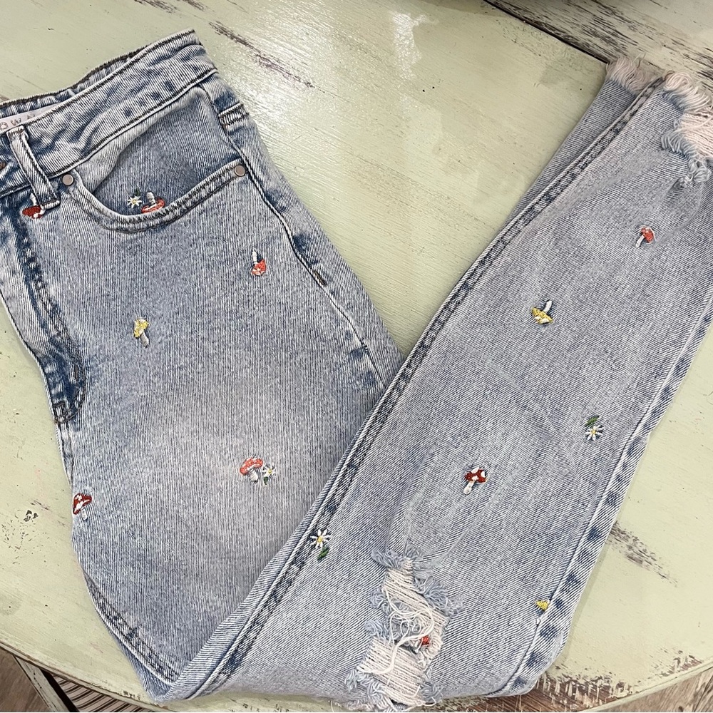 Embroidered Mushroom Destroyed Light Blue Straight Leg Jeans